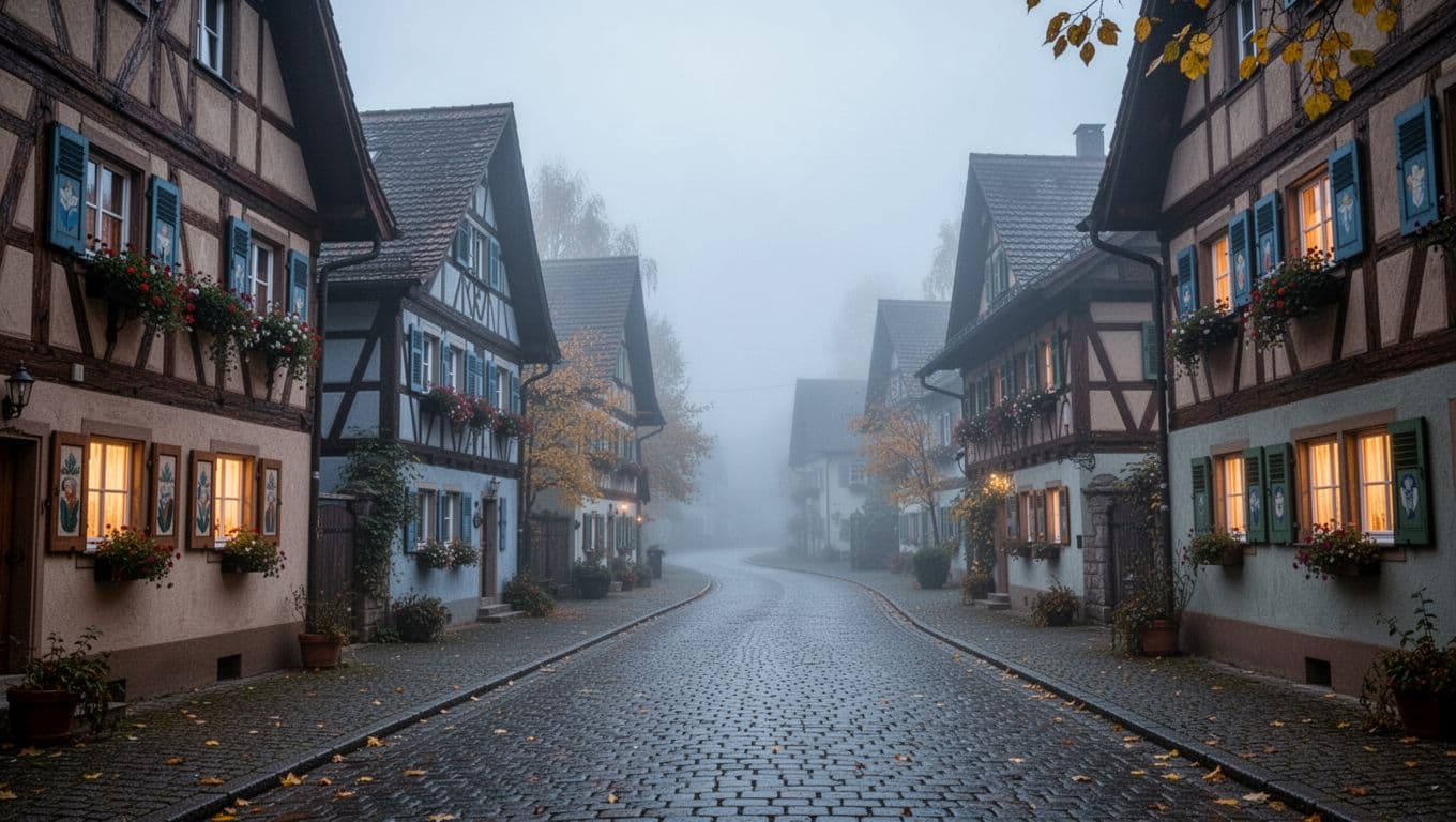 Quiet empty cobblestone street in a traditional Bavarian village on a misty fall morning, lined with half-timbered houses, flower boxes, shutters, and soft fog enveloping the scene with warm window lights.