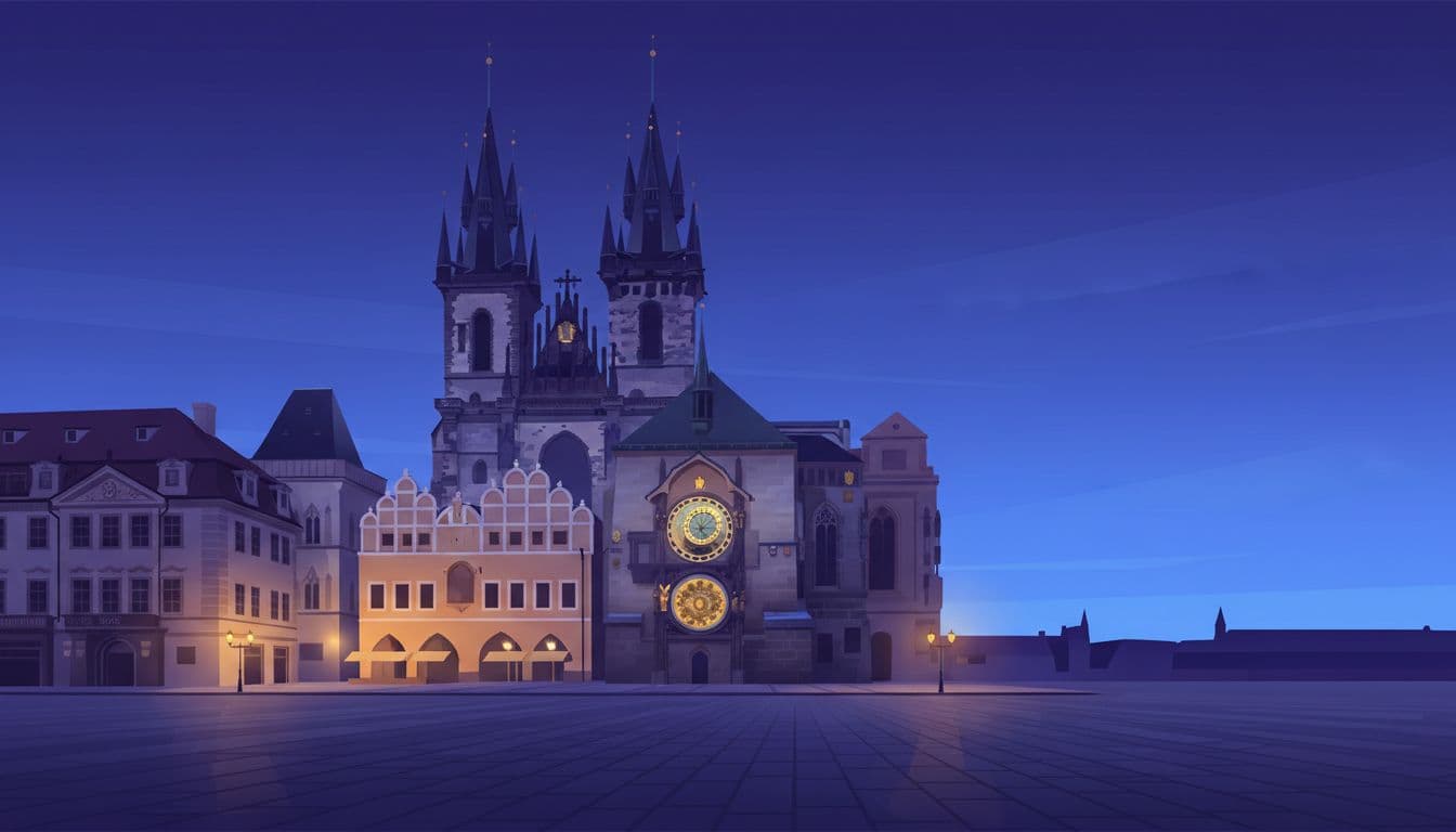 Modern illustration of Prague's empty Old Town Square during blue hour, low-angle view highlighting the glowing Astronomical Clock and Tyn Church spires against deep blue sky with warm lamp lights.
