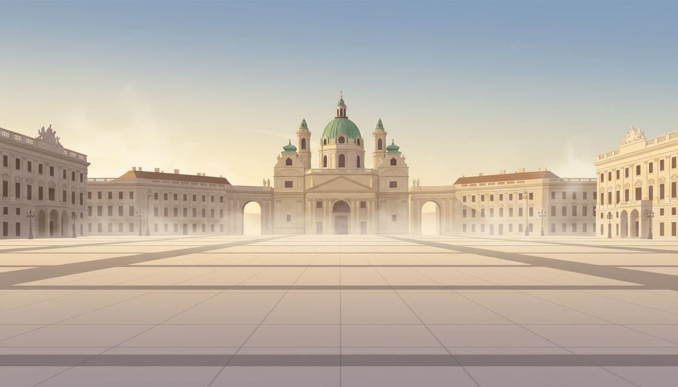 Empty grand palace grounds and church forecourt in Vienna bathed in soft warm sunrise light on pale stone facades and arches, with mist and open space in a wide landscape view. Modern illustration style featuring clean shapes and a controlled palette of soft golds and blues.