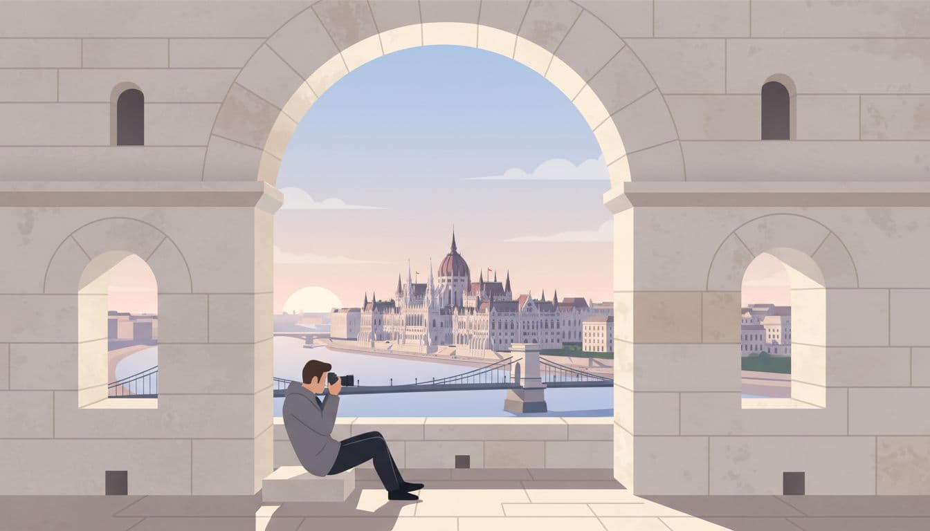 Modern illustration of a solitary photographer using a stone archway at Fisherman's Bastion to frame the distant Parliament and Danube skyline in soft early morning light, away from crowds.