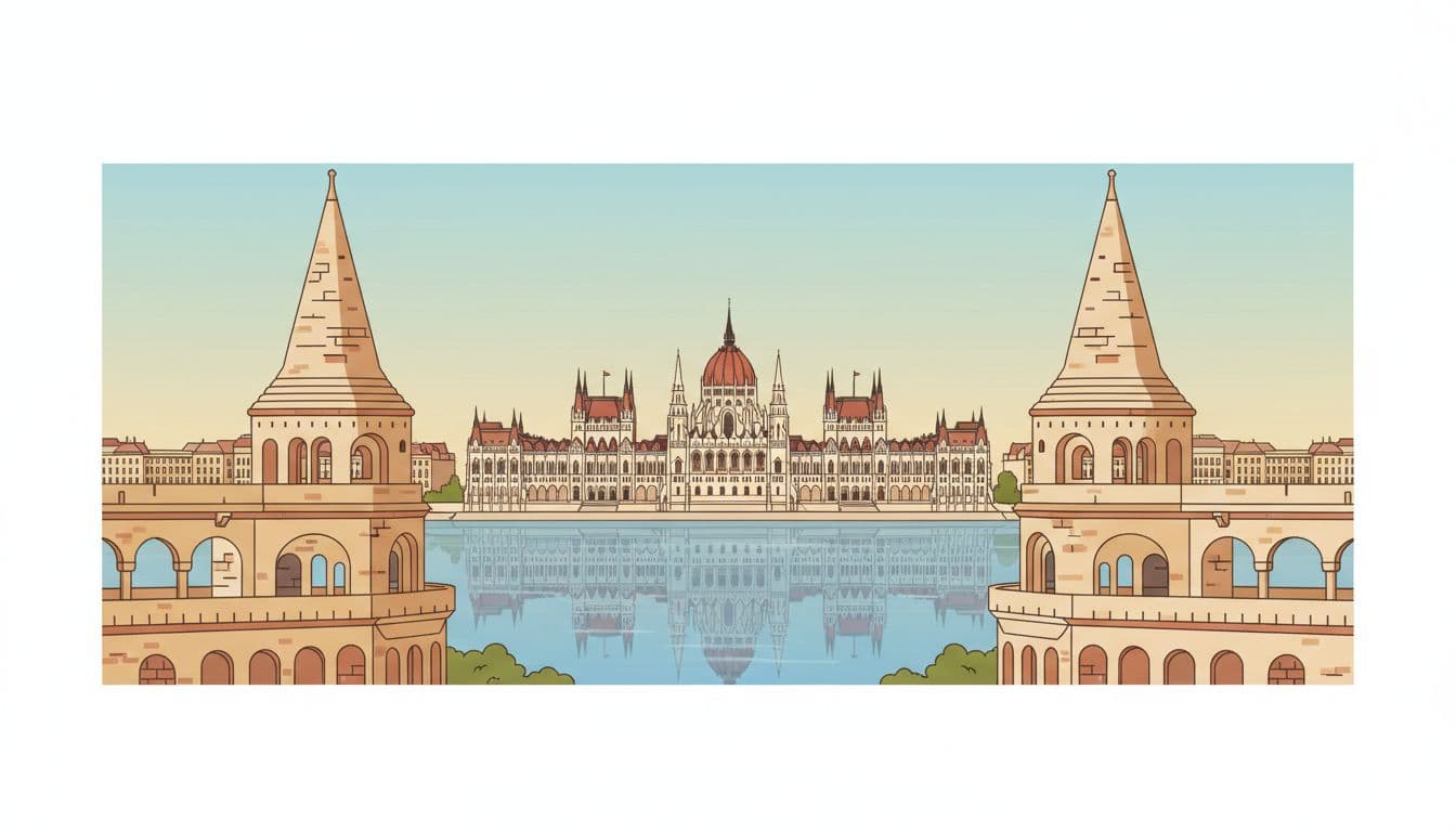 Fairy-tale towers and stone arches of Fisherman's Bastion overlooking the Danube River and Parliament building in Budapest. Wide panoramic illustration from terraces on a clear day with soft light and warm colors.