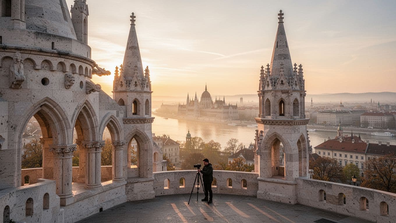 Neo-Gothic towers of Fisherman's Bastion at sunrise over Budapest, with Danube River and Parliament in distance, golden light on white arches, morning mist, and one photographer with tripod on terrace.
