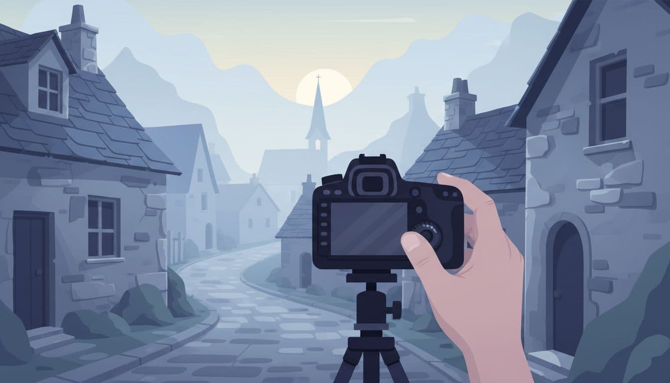 DSLR camera on tripod in a foggy mountain village lane at early morning, with a single hand adjusting the aperture ring amid soft mist around stone buildings and a distant church. Modern illustration in clean shapes, cool tones, illustrating exposure triangle setup in misty conditions.