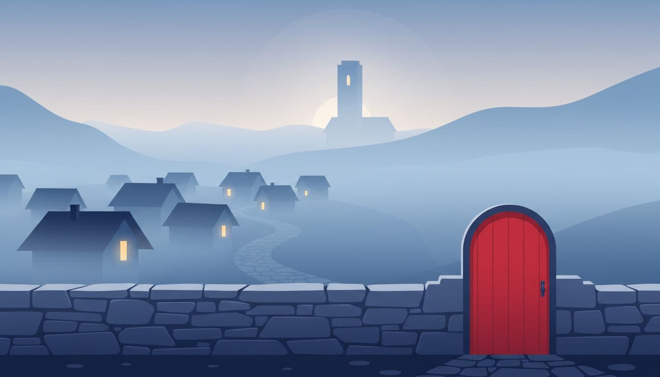 Modern illustration of a mountain village in fog at dawn, featuring distinct layers: foreground stone wall with striking red door, middle ground narrow lane and houses, background church tower emerging from mist.