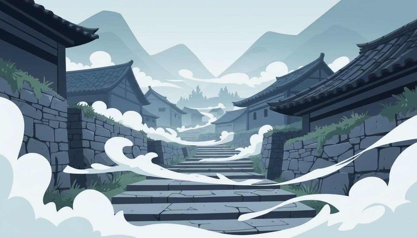 Modern illustration of a foggy mountain village street with stone stairs, rooftops, and a curving lane leading the eye through mist from foreground to distant background, low-angle view with clean shapes and cool palette.