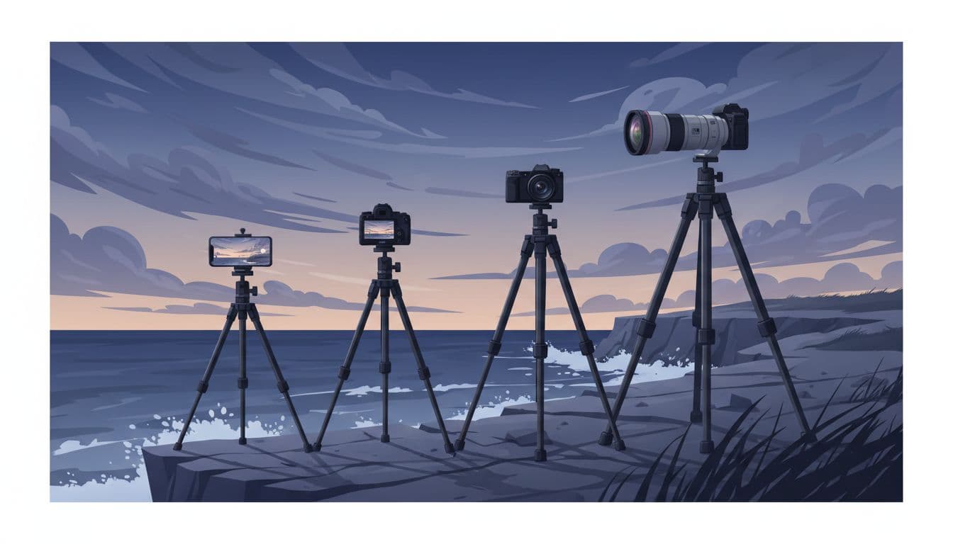 Modern illustration of four lightweight carbon fiber travel tripods side-by-side on a windy rocky coastal cliff at dusk, showing stability levels with smartphone, compact camera, mirrorless kit lens, and telephoto lens setups.