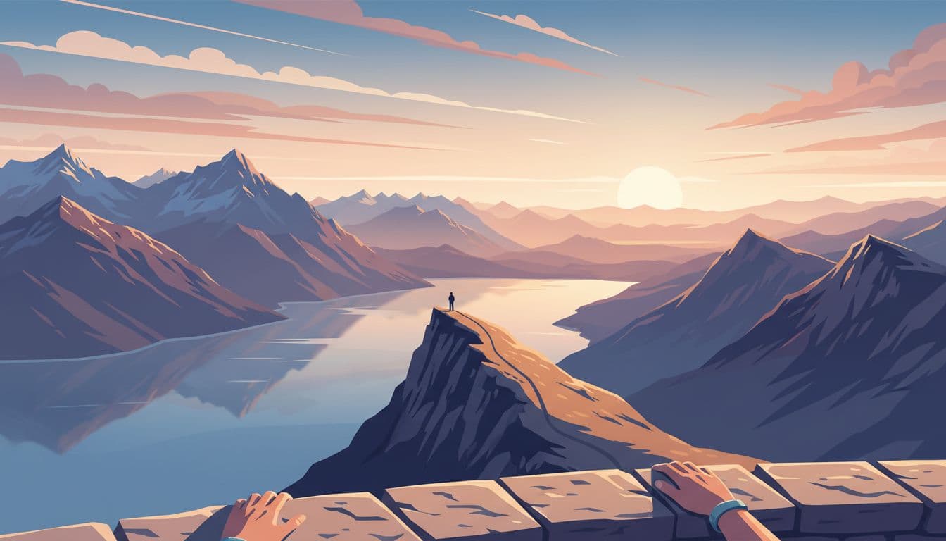 Breathtaking ridge-top view from Fronalpstock above Stoos, showcasing a broad lake panorama, layered mountain peaks under open sky, with a sense of height and golden hour warm light in modern illustration style.