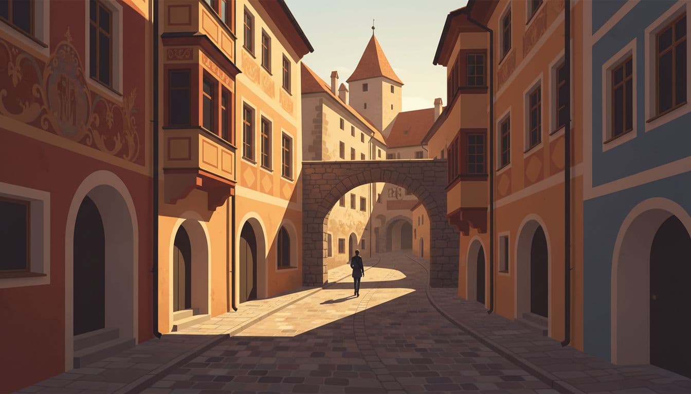 Serene modern illustration of a quiet old town alley in Fussen at Schrannenplatz, with colorful painted facades, arches, and cobblestones in warm golden evening light, Hohes Schloss courtyard ahead, one person walking away.
