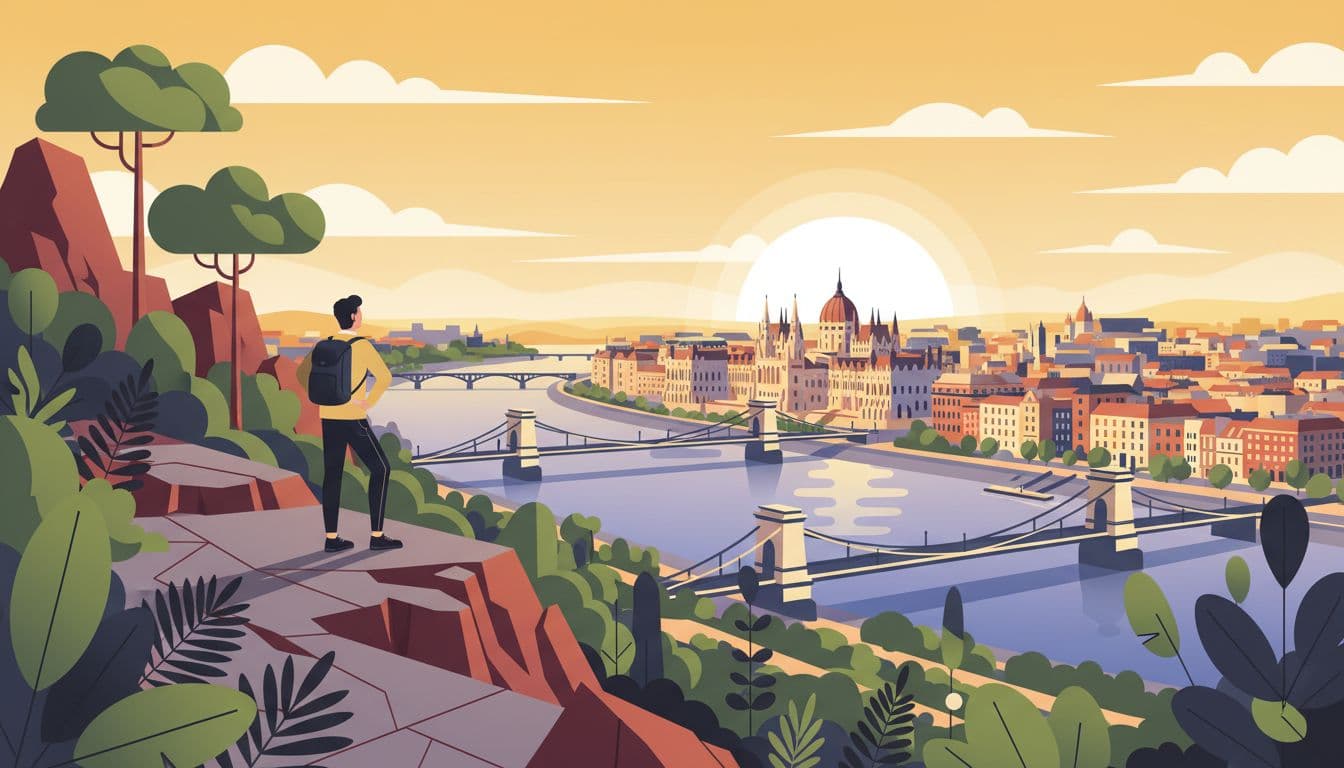 Side path trail on Gellert Hill in Budapest with greenery and rocky footing overlooks the Danube River, bridges, and city skyline from a less crowded angle. A single hiker in relaxed pose scouts the view before sunset in modern illustration style.