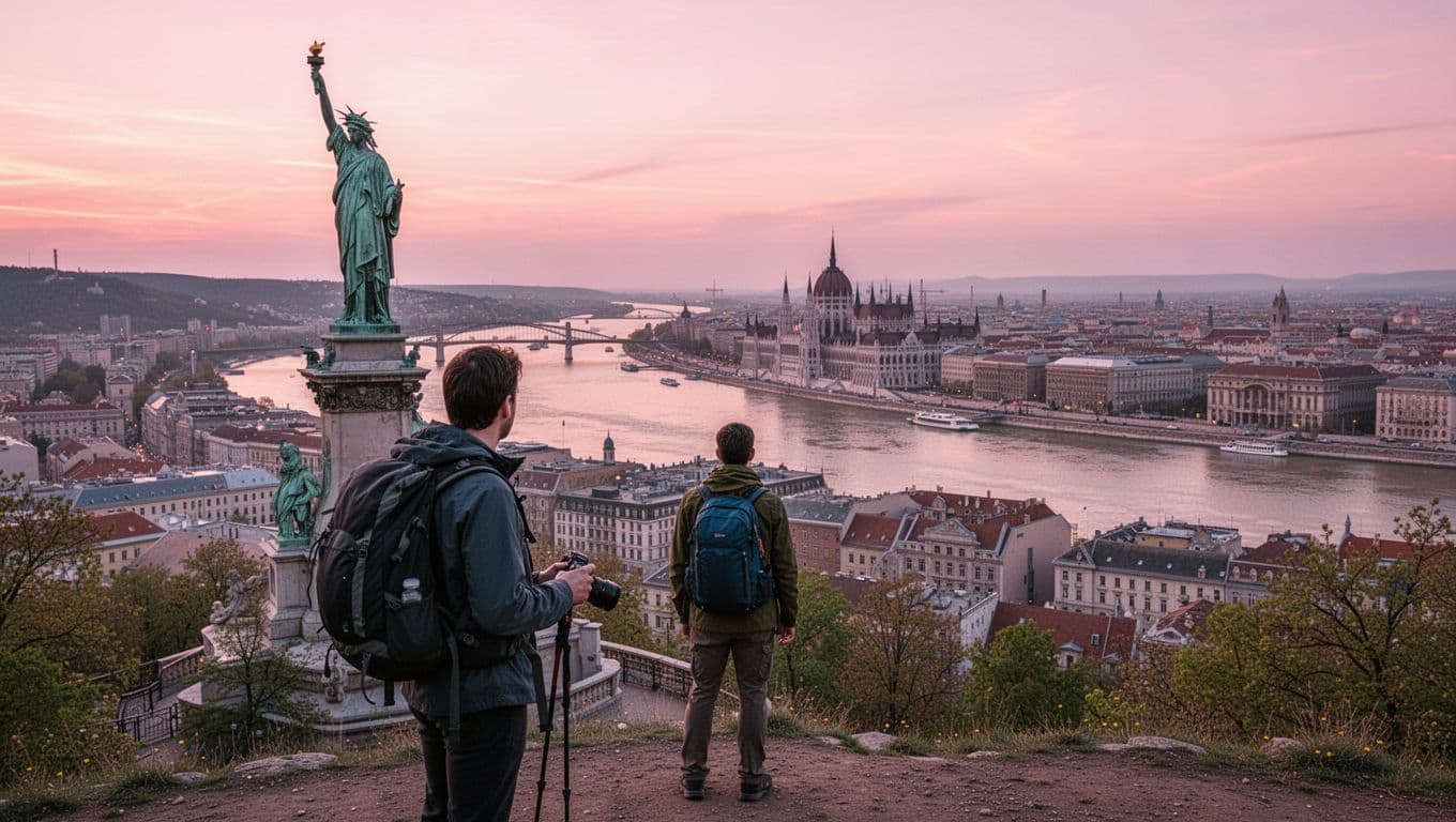 Panoramic sunrise from Gellert Hill with silhouetted Liberty Statue in foreground, one hiker with camera, Danube River, and distant Pest skyline including Parliament.