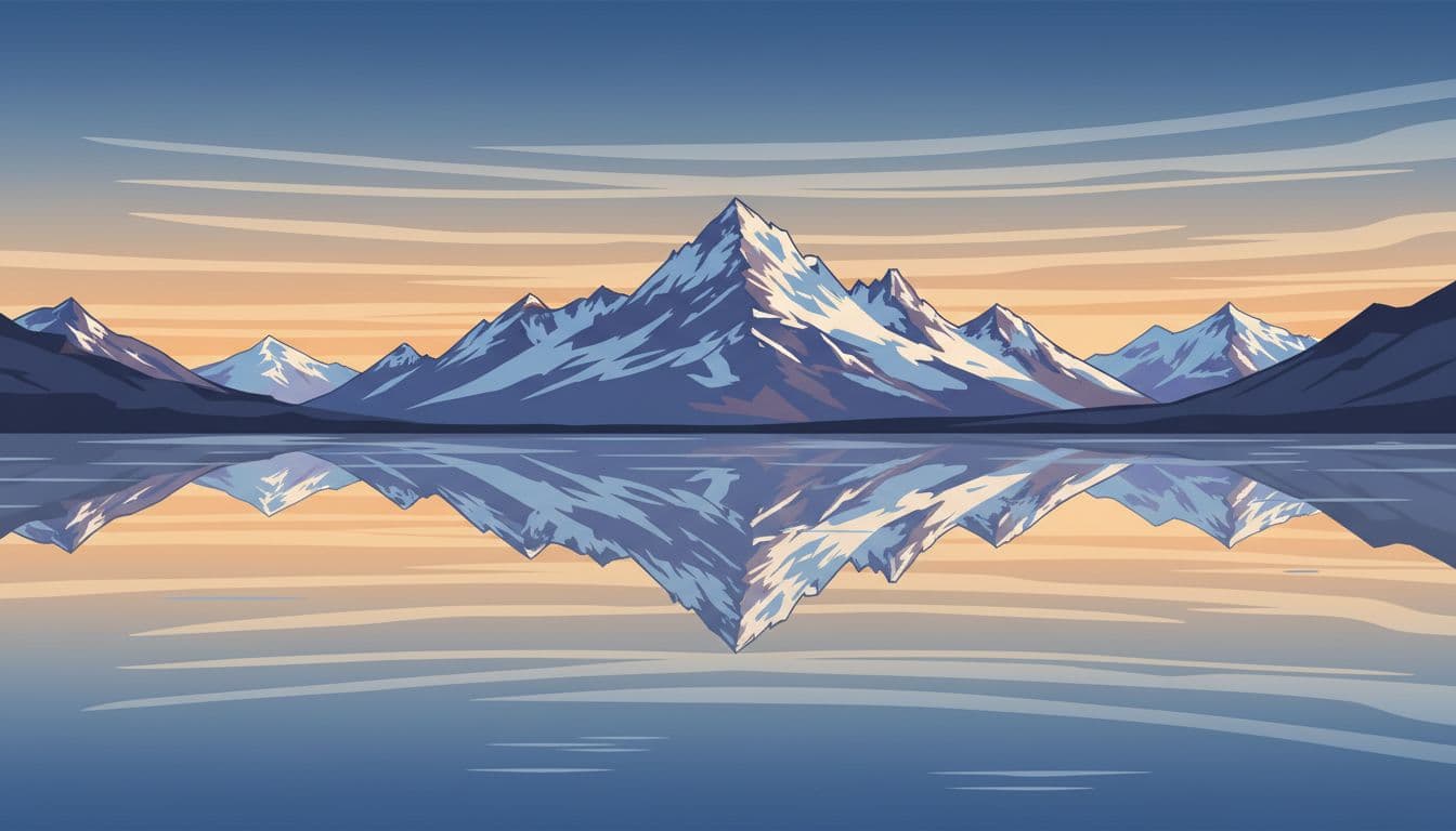 A serene alpine lake at sunrise reflects snow-capped peaks and wispy clouds on its smooth, glassy surface with softened ripples from a 6-stop ND filter.