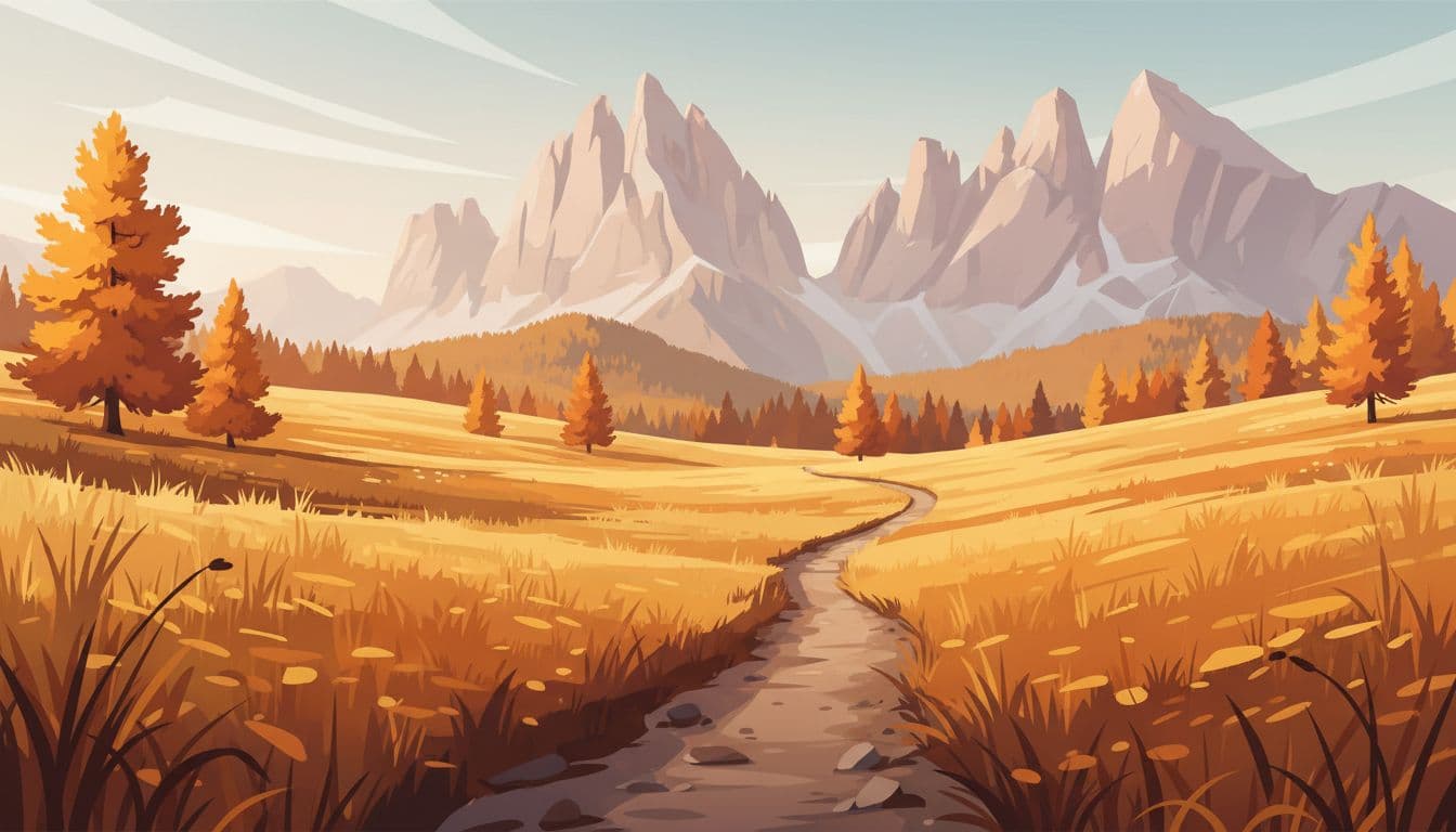 Golden fall larch forest on an open meadow in the South Tyrol Dolomites, with warm amber grass, colorful trees under soft light, distant jagged peaks, and an empty trail suggesting uncrowded spaces.