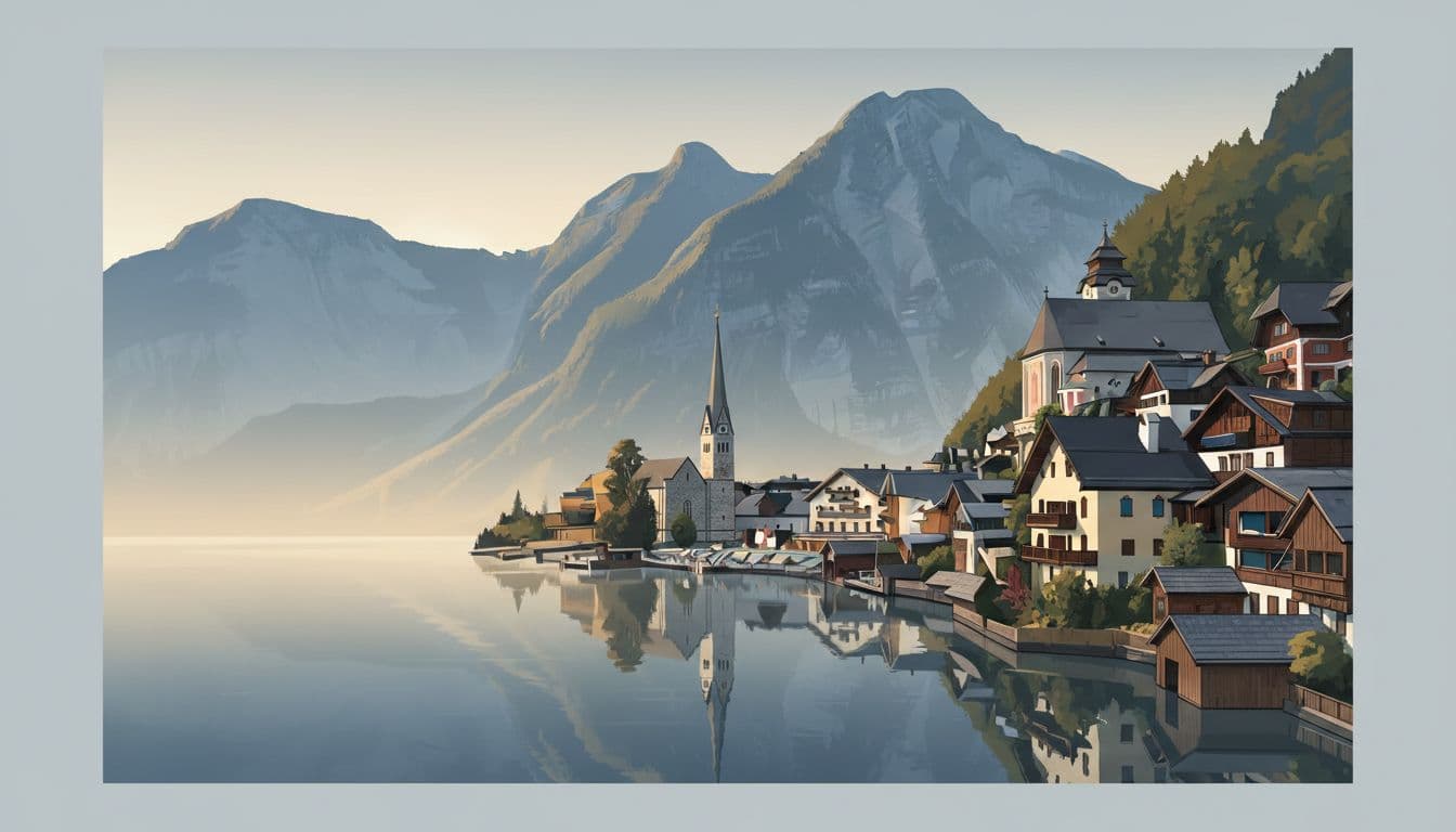 Calm lake mirrors church spires and wooden houses along the shore with towering mountains in the background, in a modern illustration style with soft blues, golds, and morning mist.