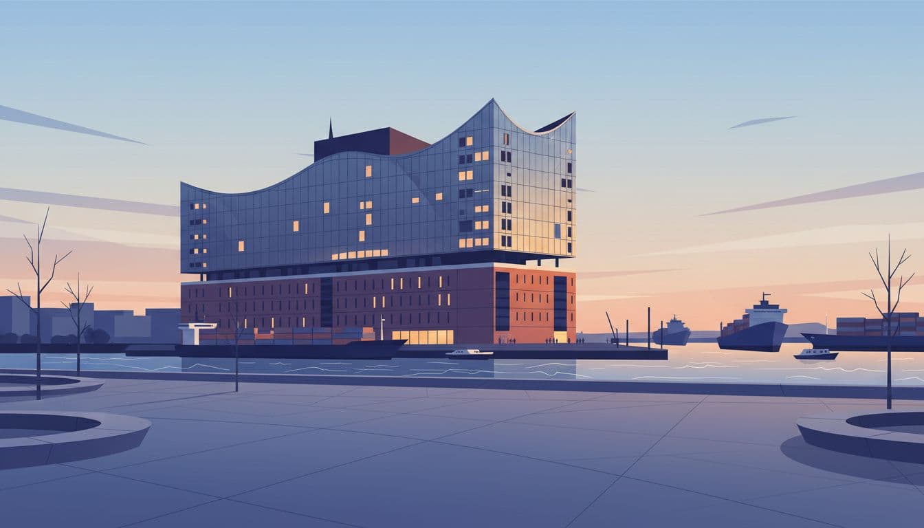 Modern illustration of Hamburg's Elbphilharmonie at dusk from the empty harbor plaza, with curved glass facade reflecting water, sky, and nearby ships in soft evening light using blues, grays, and warm tones.