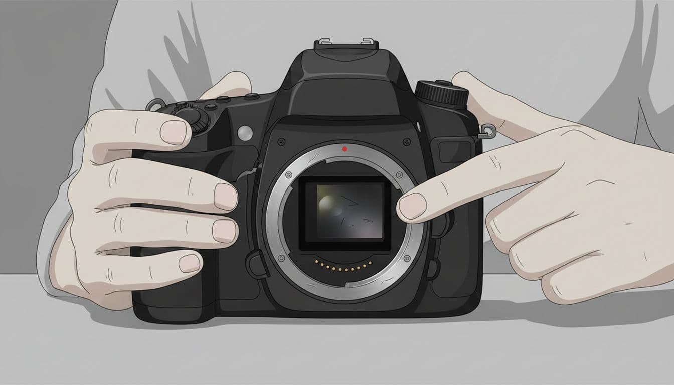 Close-up illustration of one pair of hands carefully inspecting a used DSLR camera body for signs of wear including peeling grip rubber, buttons, lens mount, ports, and strap lugs on a plain table with soft lighting.