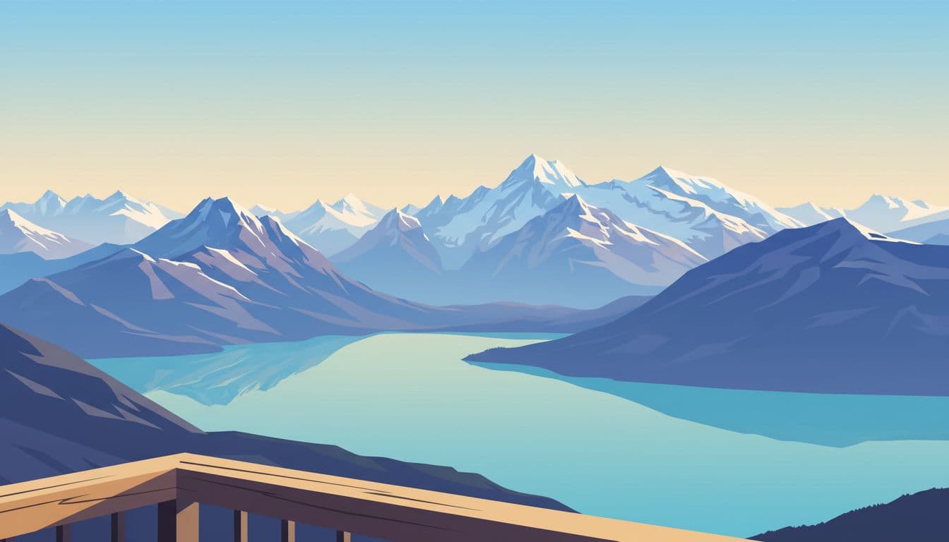 Elevated panorama from Harder Kulm summit showcasing turquoise Lakes Thun and Brienz side by side, framed by high snow-capped peaks under a clear sky. Modern illustration with clean shapes, strong composition, morning light, and foreground platform edge.