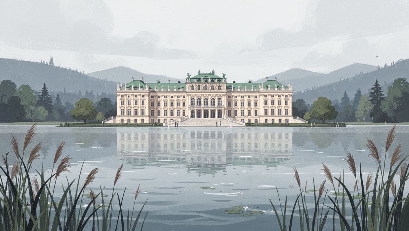 Herrenchiemsee Palace facade across Chiemsee Lake from shore with water and reeds in foreground.