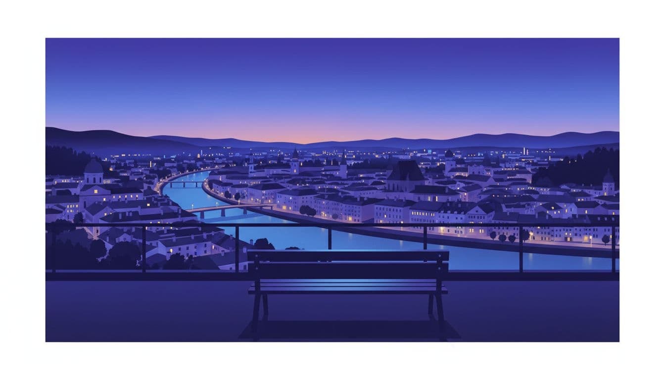 Panoramic view from Bastion at dusk over Salzburg rooftops and river bends, city lights glowing in blue hour, with one empty bench in foreground. Modern illustration in clean shapes and controlled twilight purple palette.