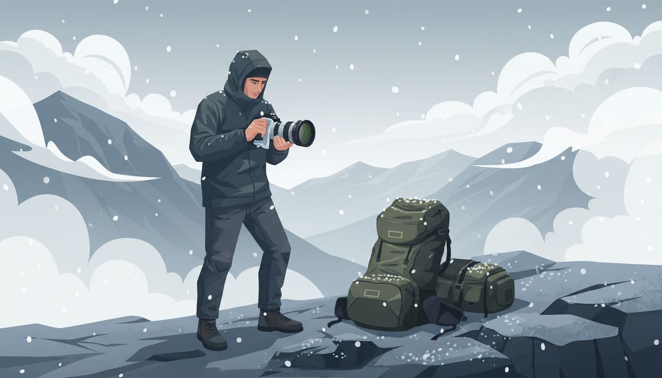 A hiker wipes a lens cloth on their camera lens during a foggy mountain scene with low clouds and light snow, gear protected under a rain cover, in a moody atmospheric modern illustration.