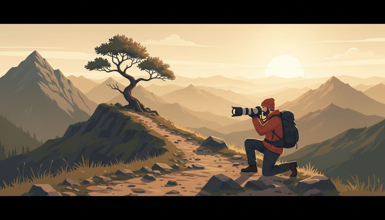 Solitary hiker on rocky mountain trail at dawn photographs expansive landscape using wide-angle lens, with foreground trail and lone tree leading to distant peaks in soft warm light. Modern illustration style features clean shapes, earth tones, and strong leading line composition.
