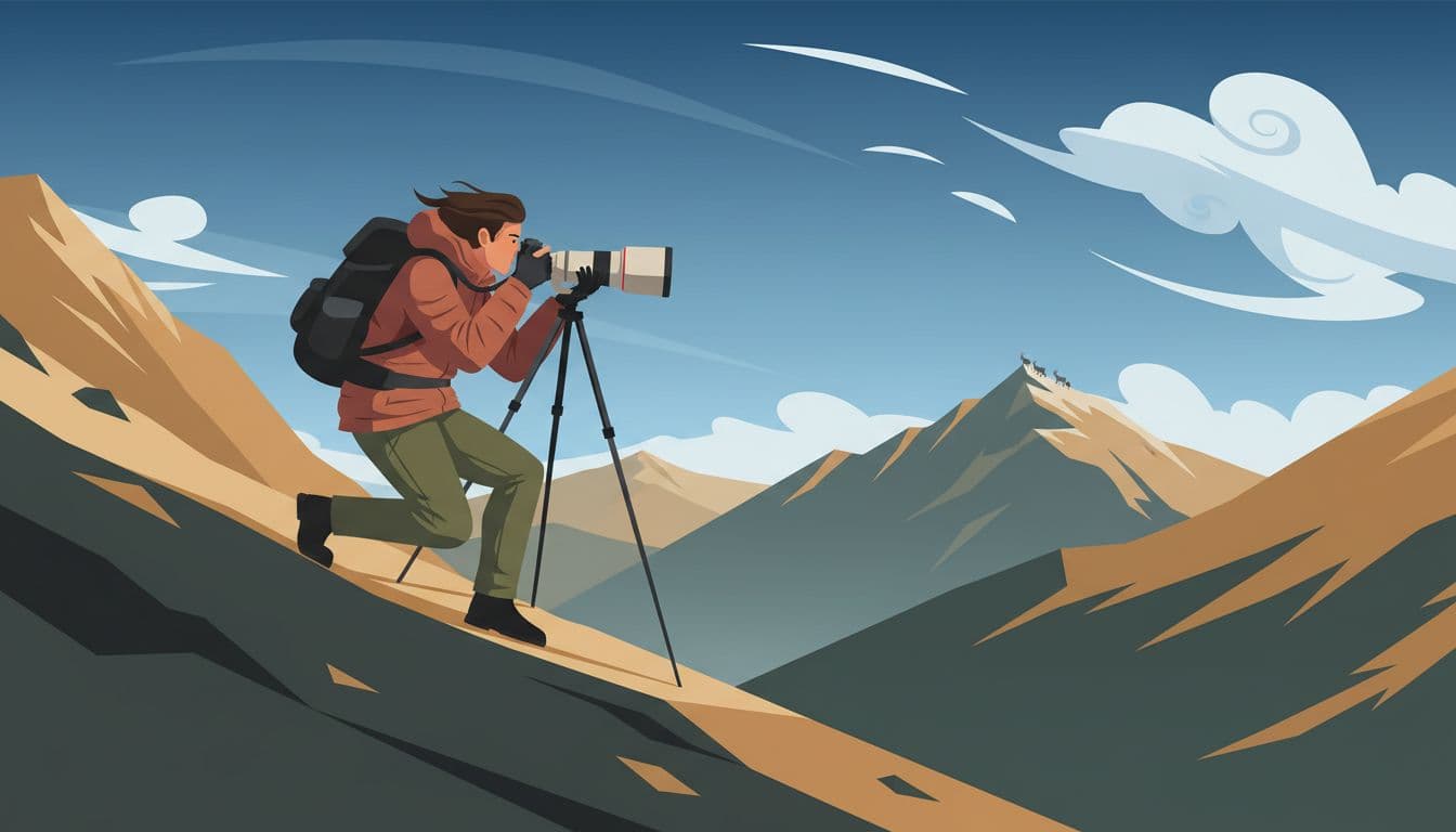 A lone hiker on a windy mountain trail steadily photographs distant ridges and wildlife using a long superzoom lens like 28-200mm, gloves off, in a modern illustration style with clean shapes, earth tones, blue sky, and strong diagonal composition.