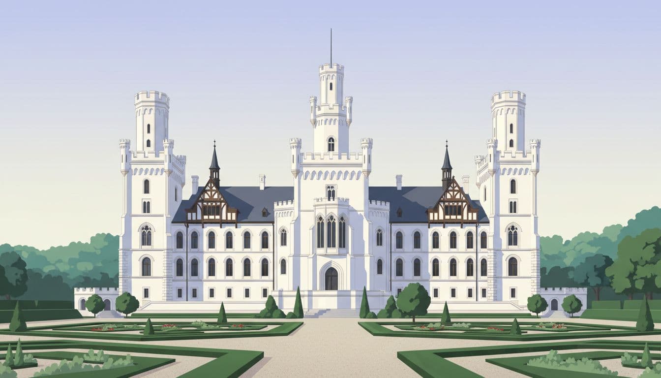 Elegant white Neo-Gothic Tudor style Hluboka Castle in Czech Republic featuring bright pale facades, elegant symmetry, manicured gardens in foreground, low-angle view in soft morning light, modern illustration with clean shapes and cool palette.