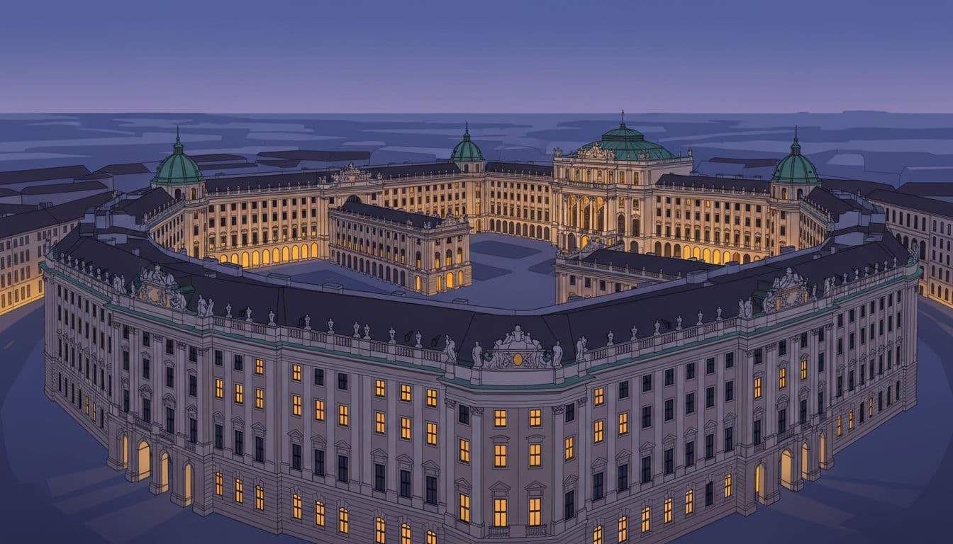 Grand imperial Hofburg Palace complex in Vienna at Michaelerplatz with curved arches and open courtyards, captured in wide-angle view during blue hour evening glow with warming building lights.