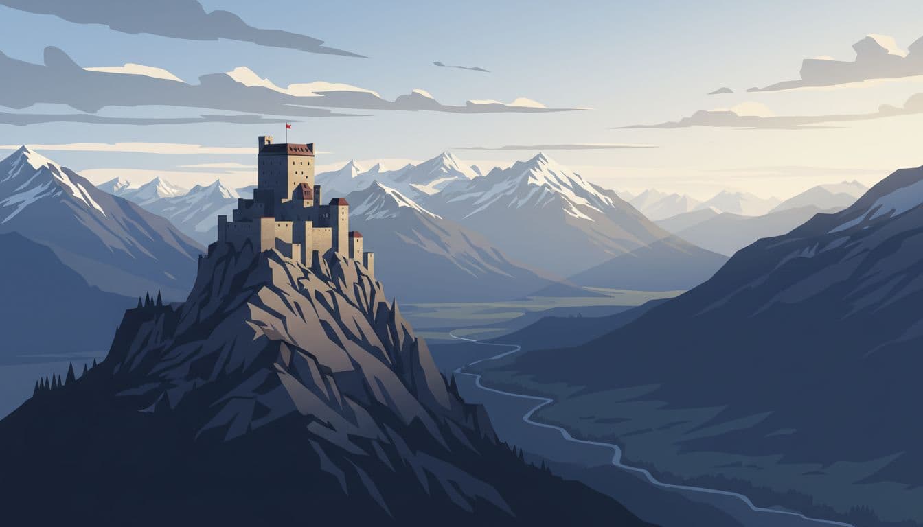 Hohenwerfen Castle perched high on an alpine mountain peak above a deep valley, with snow-capped peaks in the background. Modern illustration in wide landscape composition with soft morning light and broken clouds.