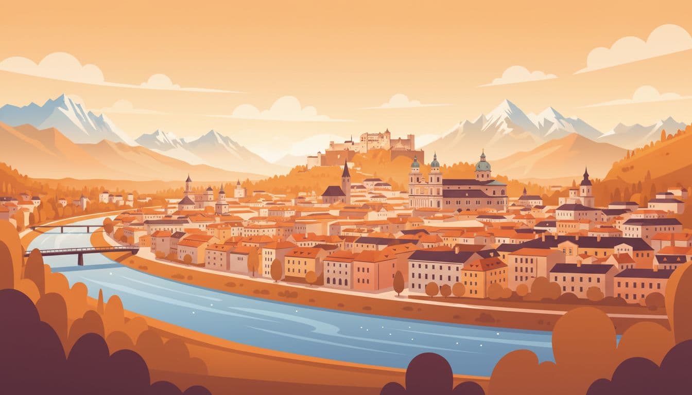 Panoramic view from Humboldtterrasse hill terrace over Salzach river, Salzburg Old Town rooftops, and distant Alps at sunrise, in modern illustration style with clean shapes and warm orange palette.
