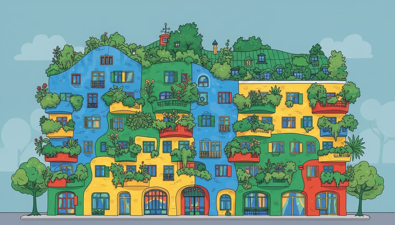 Modern illustration of Hundertwasserhaus in Vienna featuring bright colors, curved organic shapes, planted balconies overflowing with greenery, and uneven floors viewed from street level with playful lines.