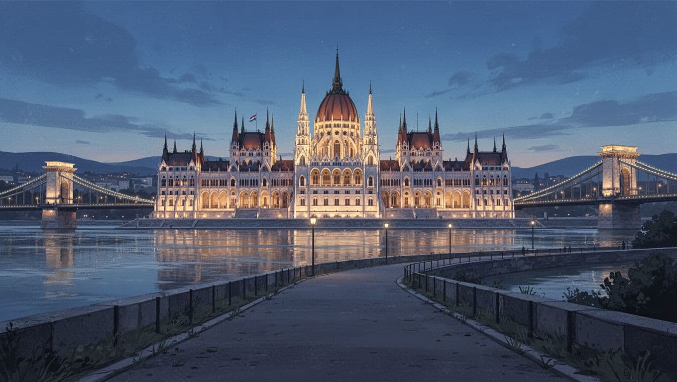 Illuminated neo-Gothic spires of Hungarian Parliament reflect in calm Danube from Buda riverside at twilight, Chain Bridge partially visible.