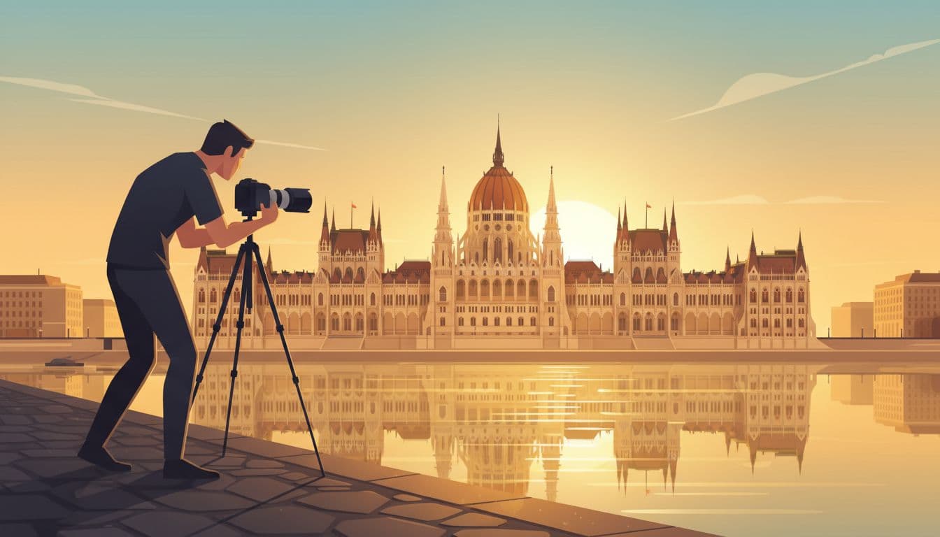Modern illustration of a lone photographer setting up a tripod on the Buda riverbank at Batthyány tér, capturing a sharp full view of the Hungarian Parliament across the calm Danube at sunrise with golden reflections on the water. Clean shapes and warm golden colors from a low-angle wide composition.