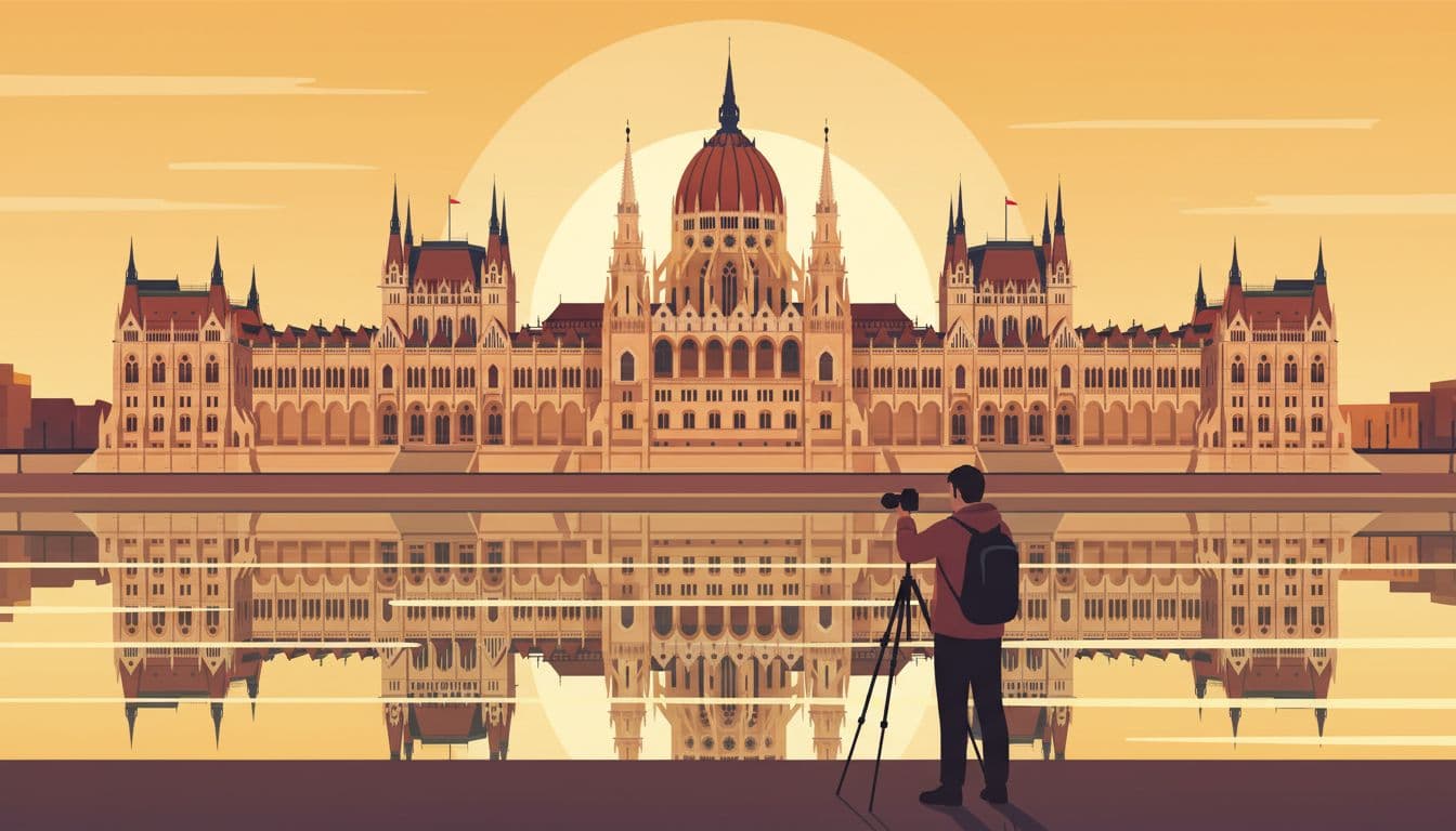 Clear full frontal view of the Hungarian Parliament across the calm Danube River from Batthyány tér on Budapest's Buda side at sunrise, with sharp golden reflections and a photographer with tripod in the foreground, in modern illustration style.