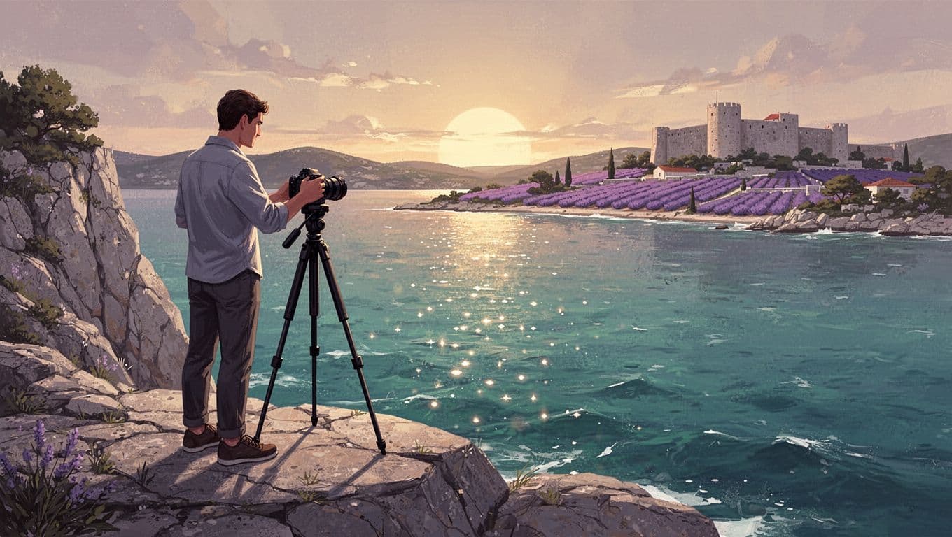 Photographer on coastal cliff overlooks Hvar coastline with lavender fields and stone fortress under golden hour light.