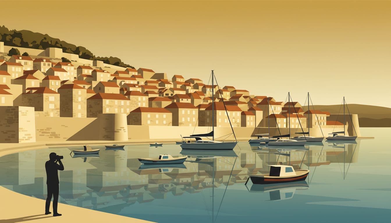 Modern illustration depicting a serene view across Hvar, Croatia's harbor, framing old town buildings with boats in the water and warm hillside light on stone facades and rooftops, featuring exactly one person photographing from the shore.