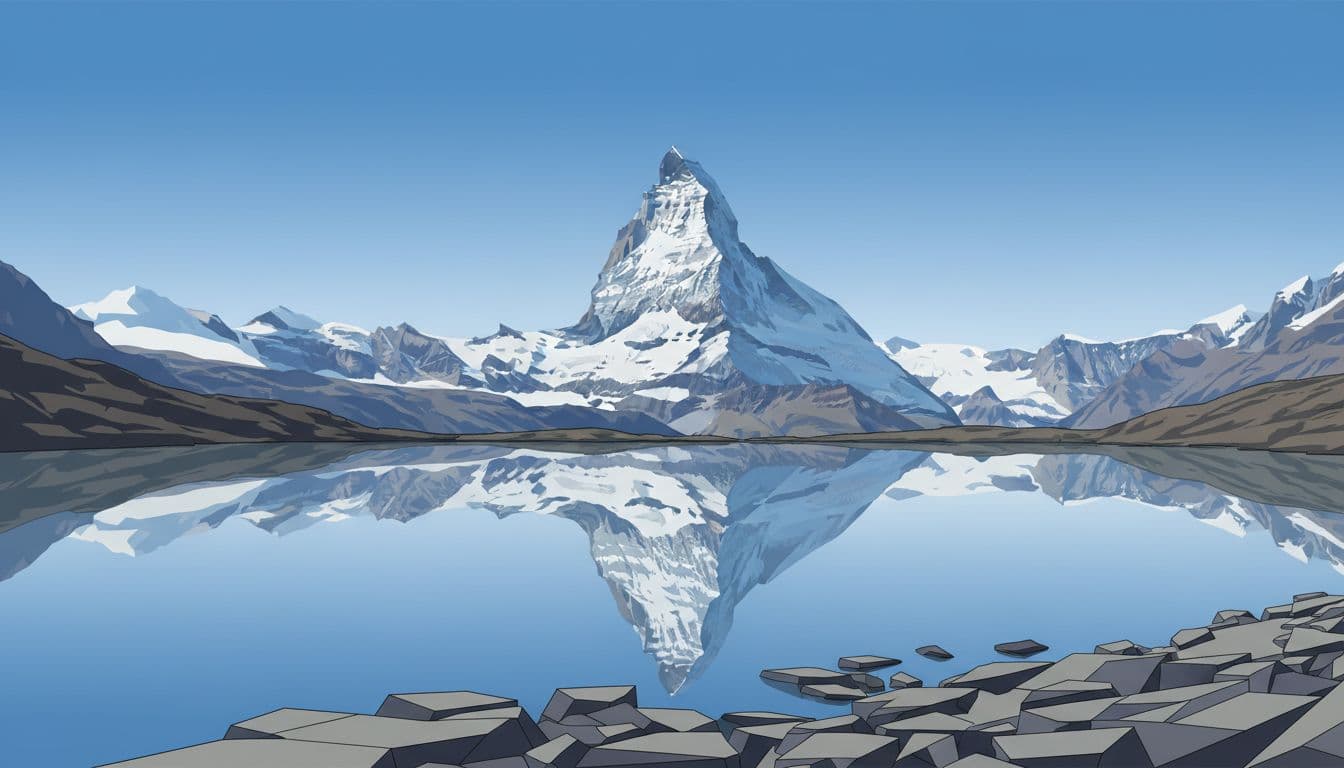 Perfectly still alpine lake Riffelsee reflecting the sharp pyramid Matterhorn peak on a calm summer morning, rocky shoreline in foreground, distant snow-capped mountains, clear blue sky.