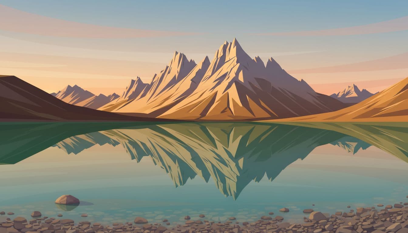 Soft sunrise over Karersee lake in South Tyrol Dolomites features glassy calm emerald water perfectly reflecting jagged Latemar peaks with an empty pebbled shore in the foreground.