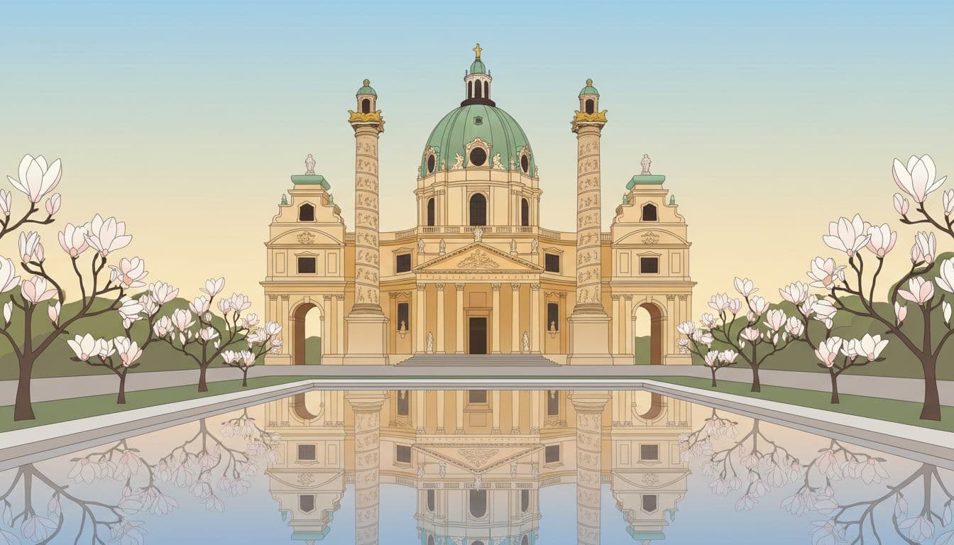 Karlskirche in Vienna with grand dome and twin columns reflected symmetrically in the front pool, soft sunrise light on calm water with spring magnolia blooms nearby, modern illustration in soft golds and blues.