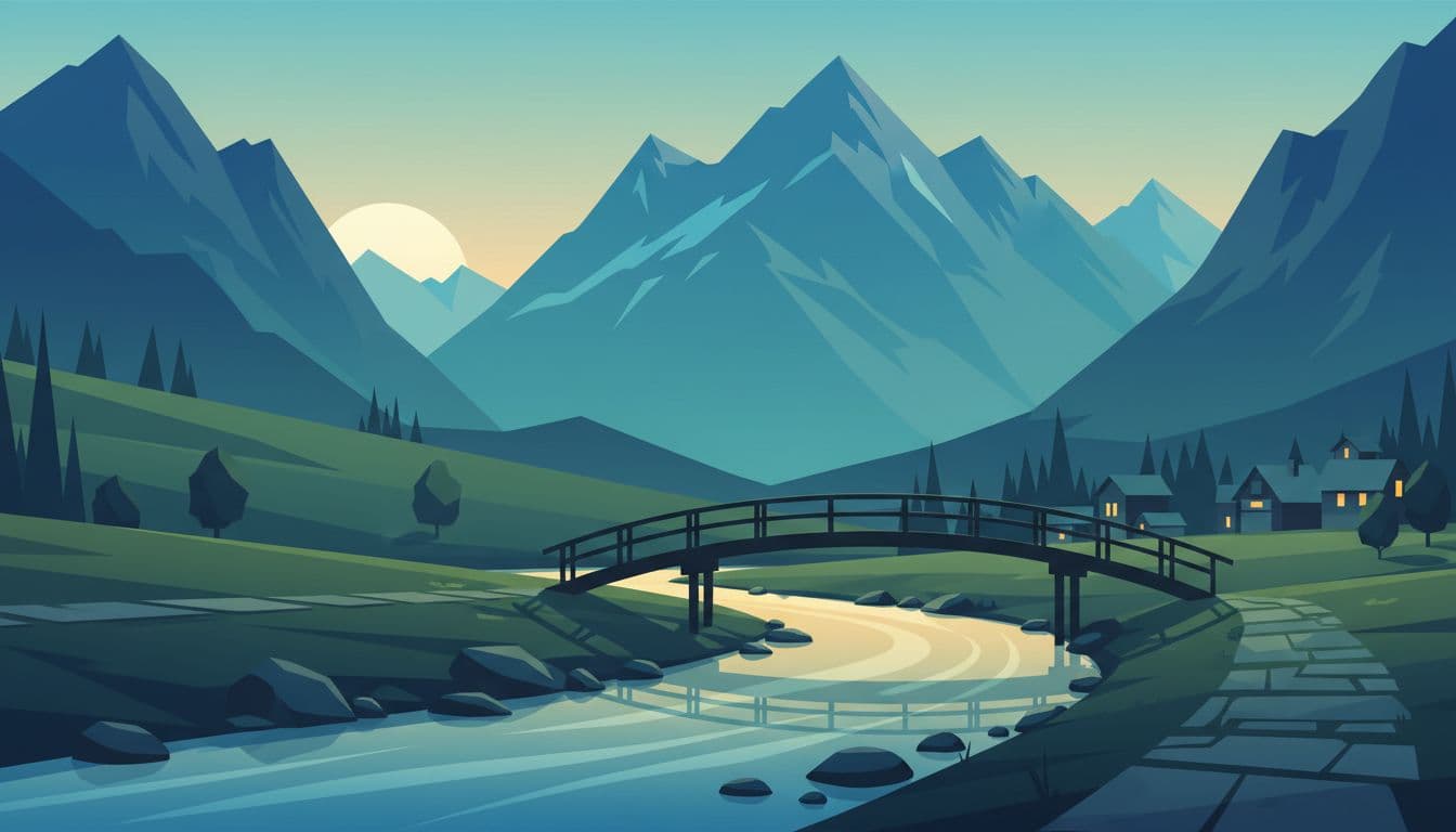 Peaceful Klobenstein bridge area featuring a curving river in the foreground, wooden footbridge adding depth, and majestic Alpine peaks behind, in a modern illustration style with soft afternoon light and cool blue-green palette.