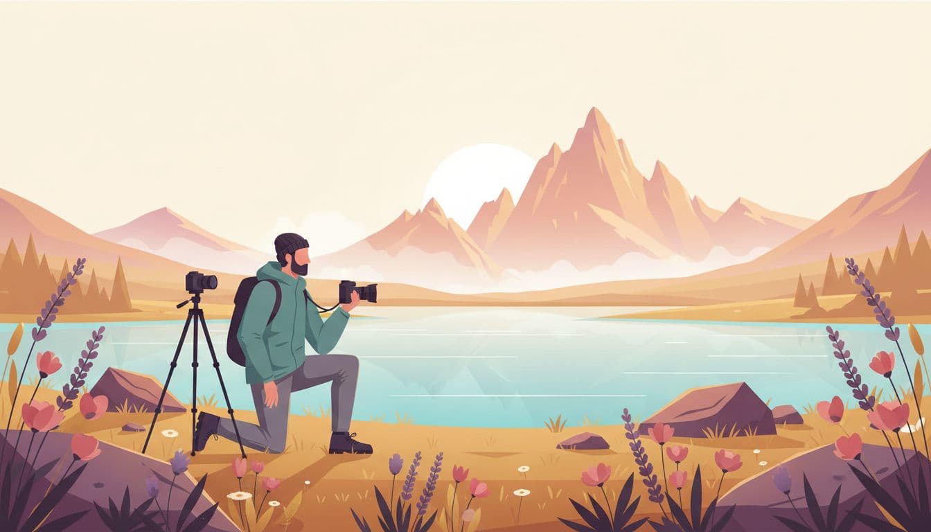Modern illustration of a photographer kneeling at dawn in the Dolomites, composing a shot with foreground wildflowers, rocks, and a small lake leading to distant pink-glowing peaks, tripod set up in golden hour light with soft mist.