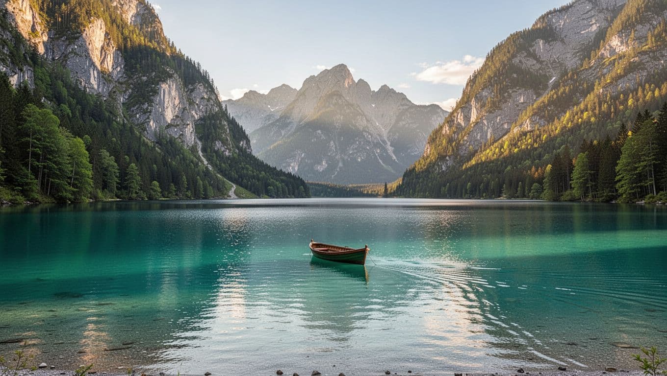 Turquoise Königssee Lake surrounded by steep cliffs and forests, boat near shore, distant mountains under clear sky.