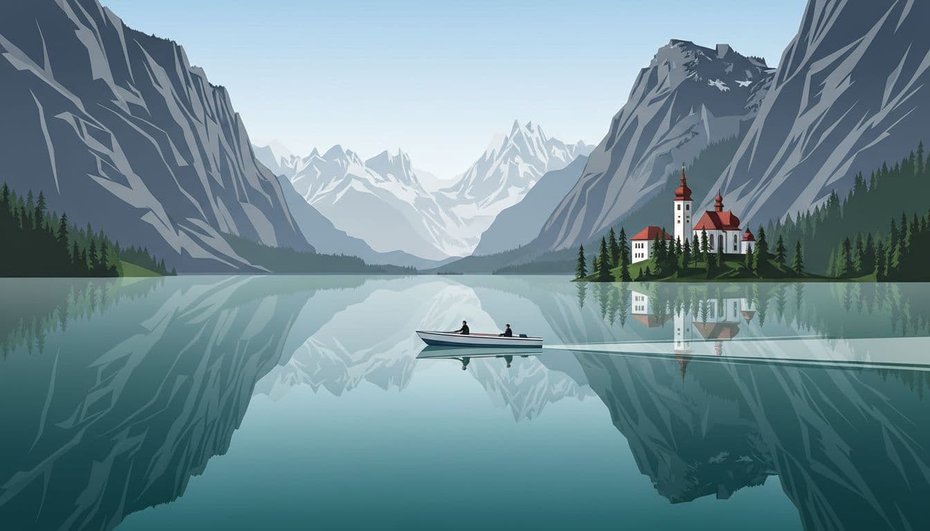 Mirror-calm emerald green lake in Berchtesgaden National Park reflects dramatic gray mountains and iconic onion-domed St. Bartholoma church, featuring a small white electric boat with two passengers gliding silently.