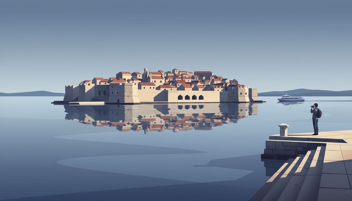 Modern illustration of Korcula's compact walled old town from the water's edge at the harbor side, featuring stone walls, towers, rooftops, a ferry in the background, calm off-peak light, clean shapes, earthy blue palette, strong leading lines, and exactly one person on steps with a camera.