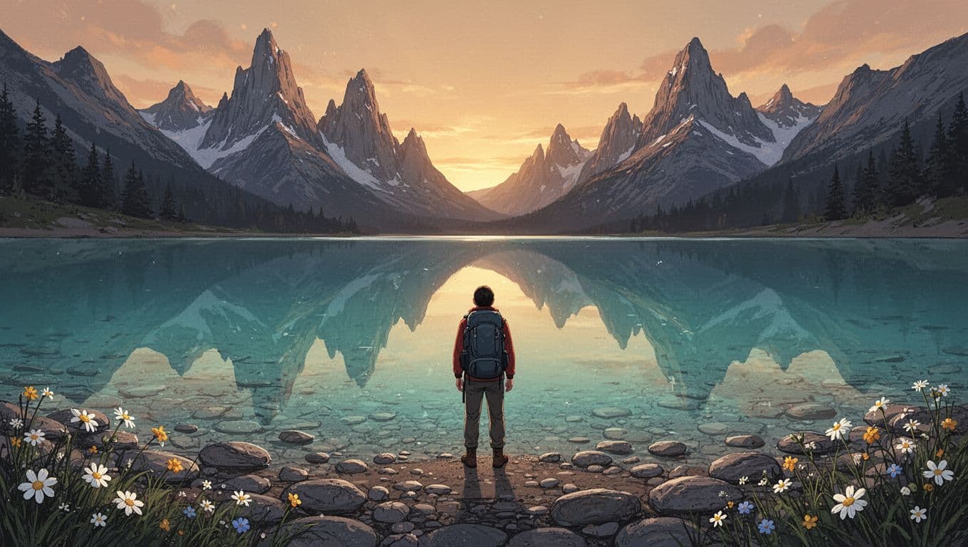 Turquoise lake reflects jagged Dolomite peaks at sunrise, hiker on pebbled shore with wildflowers.