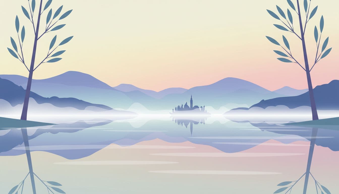 East shore of Lake Bled at dawn with calm water reflecting trees softly, a layer of fog over the lake surface, and exactly two foreground trees framing the peaceful scene with the island in the distance.