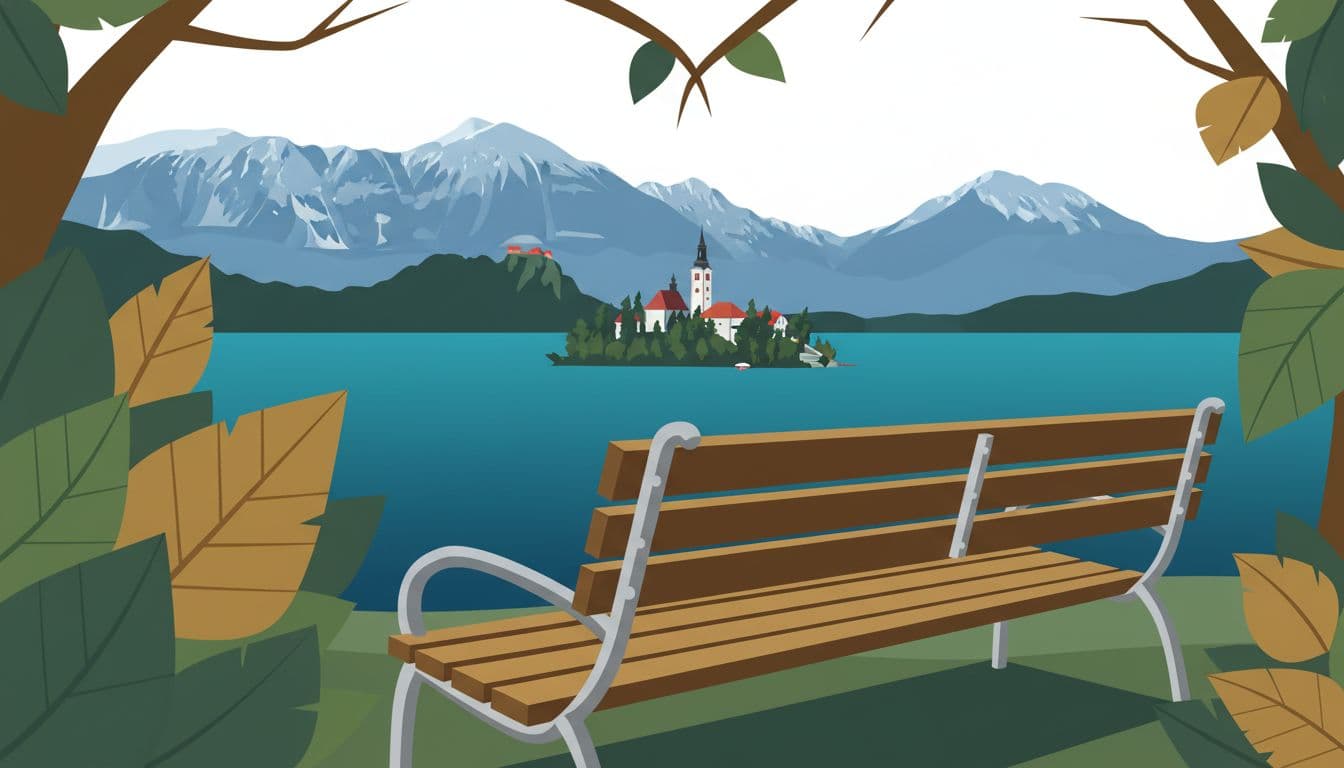Modern illustration of Lake Bled lakeside at midday featuring small foreground elements like bench, railing, leaves, and heart-shaped frame. Bright flat light with clean shapes and strong depth demonstrates effective foreground technique for midday photos.