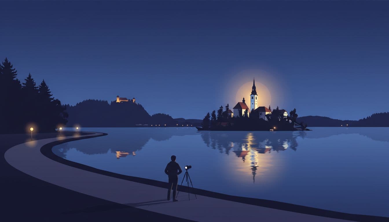 Modern illustration of Lake Bled shoreline path at night from lake loop viewpoint, with illuminated island church glowing in still water reflection, photographer with tripod on empty shore, distant castle silhouette.