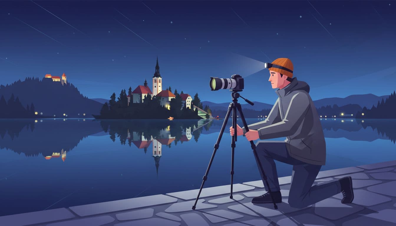 Modern illustration of a photographer at Lake Bled's night shore setting up a tripod for long exposure, aiming camera at island church lights with calm water reflections. Clean shapes, cool night lighting with warm accents, strong landscape composition.