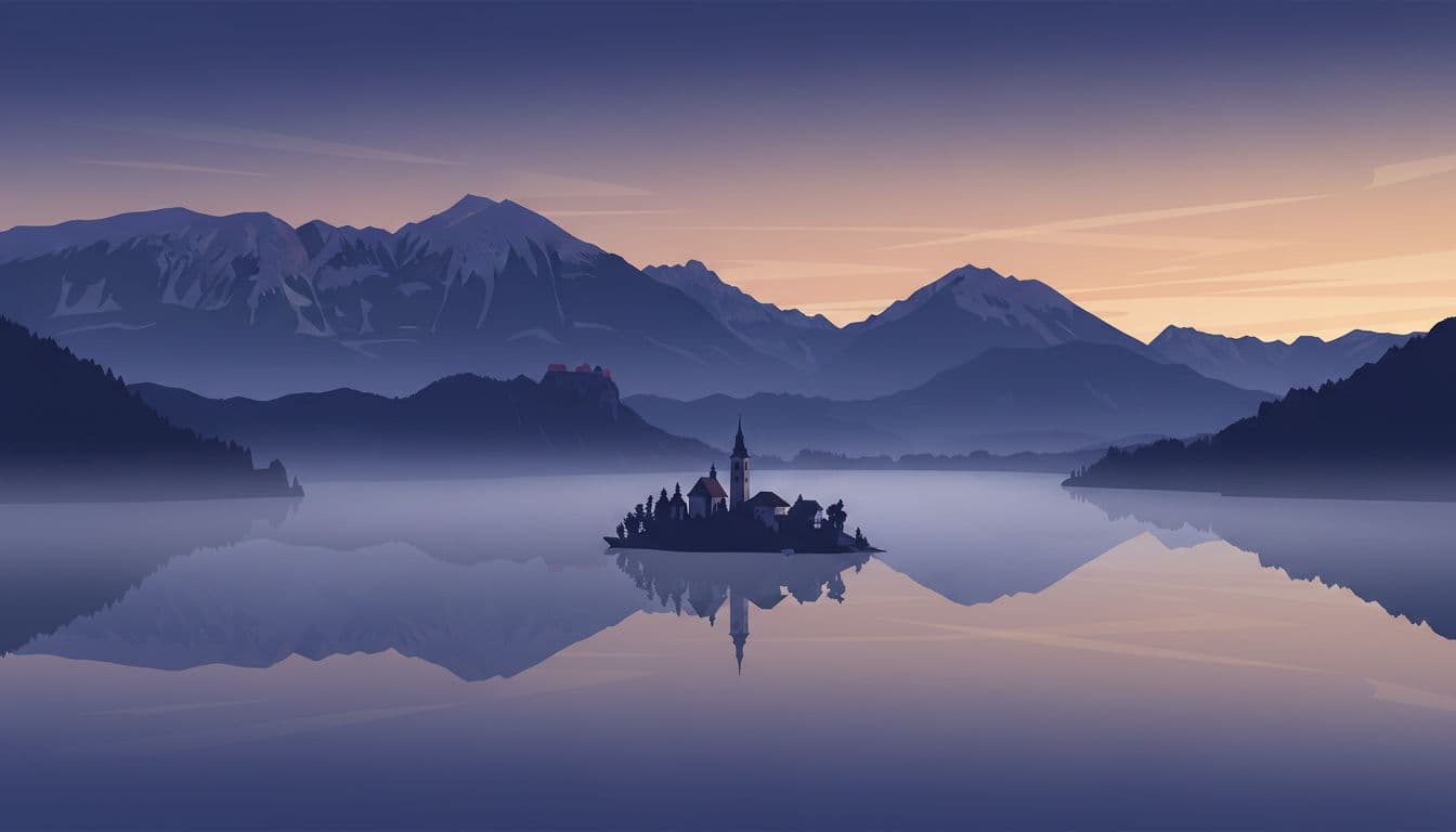Modern illustration capturing the serene pre-dawn vista from Ojstrica viewpoint over Lake Bled, with mist on still waters, silhouetted island church, distant mountains, and a colorful sky awakening to dawn.