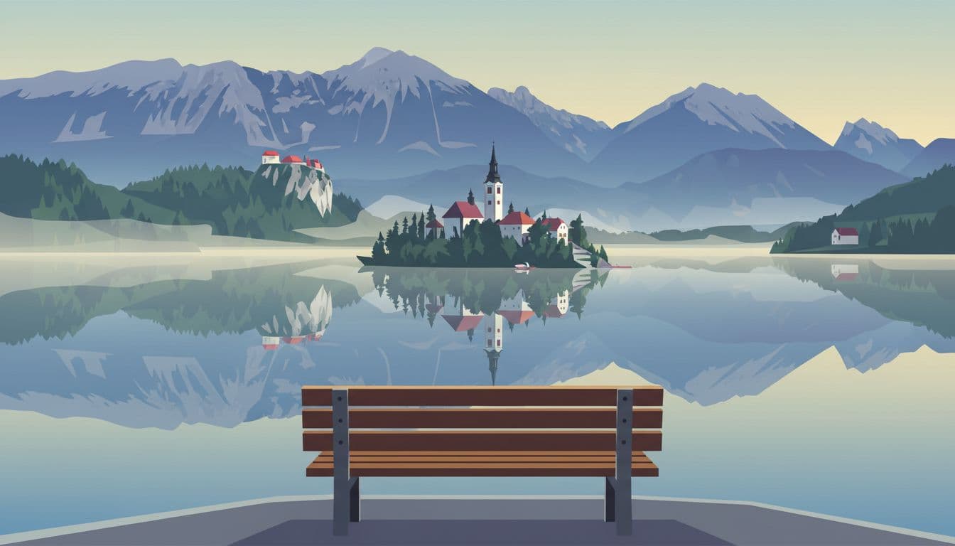 Modern illustration from elevated viewpoint on Ojstrica trail over Lake Bled, featuring one wooden bench, Bled Island with church, Bled Castle on cliff, Julian Alps backdrop, perfect calm water reflection, and soft morning mist.